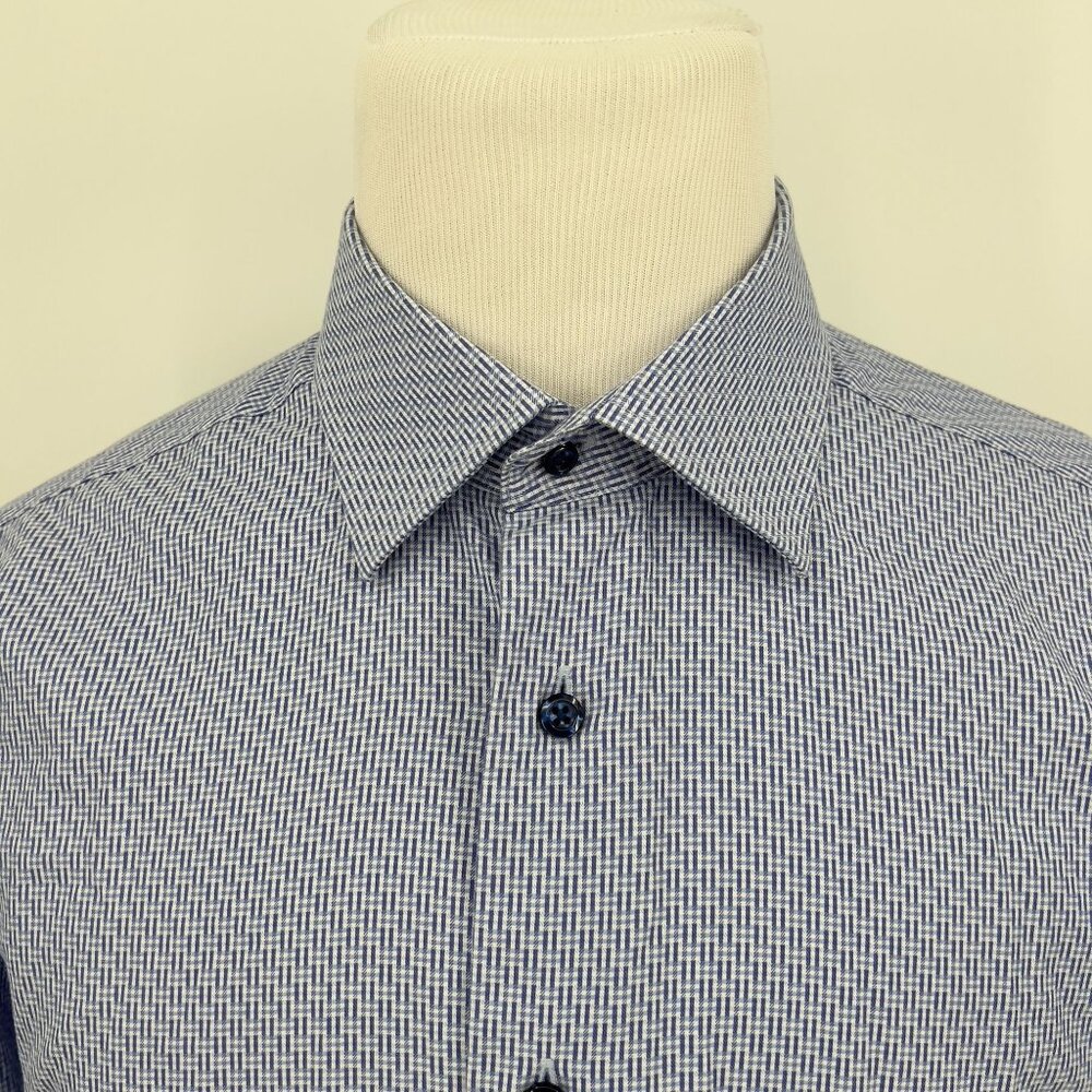 David Donahue Men's Trim Fit Blue Checkered Cotton Dress Shirt 17.5